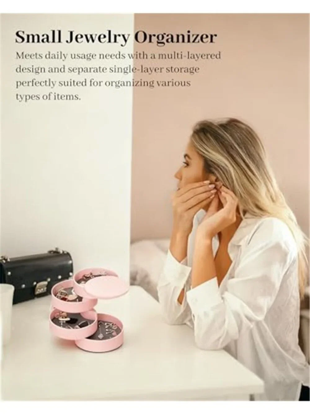 Pink Rotating Jewelry Organizer Box 4 Layer Travel Case Rings Earrings Gift